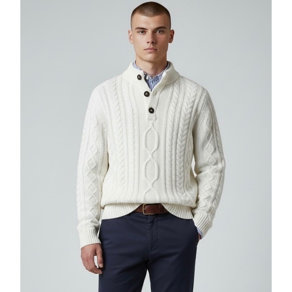 Tilley Mens Medium White Cable Knit Cotton Button Mock Neck Sweater Core Classic